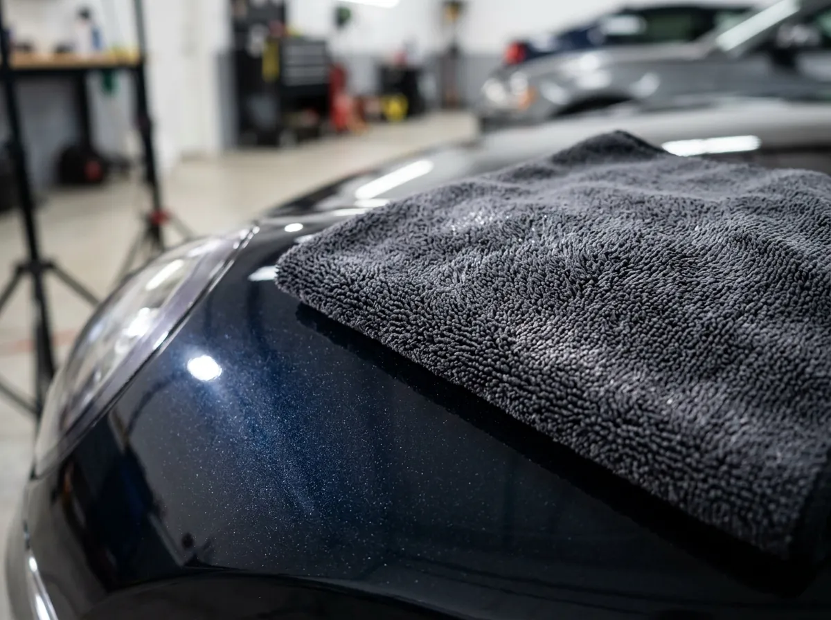 Close-up macro of Drivio Nano Scratch Cloth on car hood